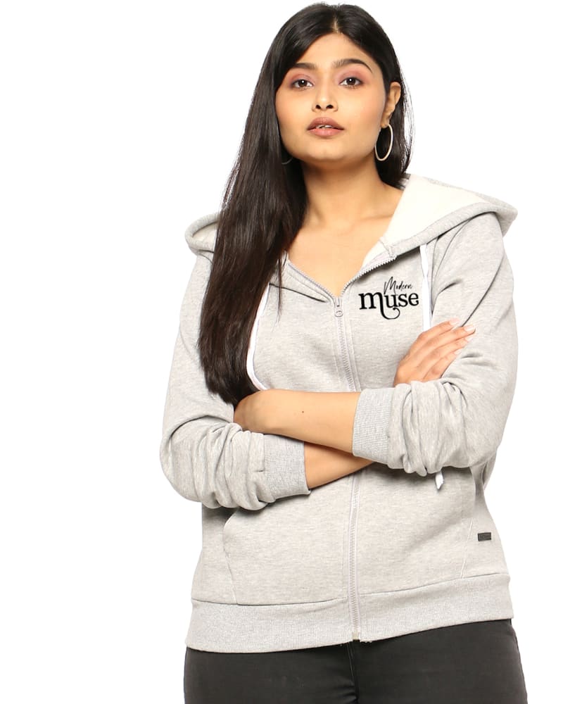 Front of a model wearing a size 6XL Grey "Modern Muse" Hooded Sweatshirt in Light Grey by Instafab Plus. | dia_product_style_image_id:297261